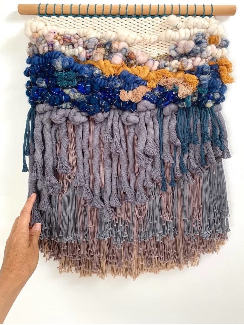 Large Handwoven Fiber Art Wall Hanging | Navy, Gray & Camel Textile Art
